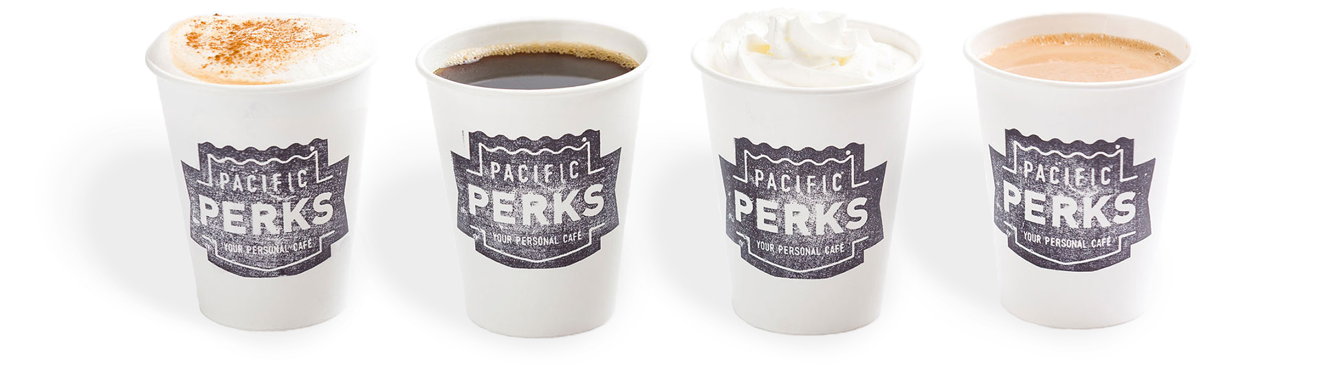 a lineup of four coffee drink options from a Pacific Perks espresso mobile café