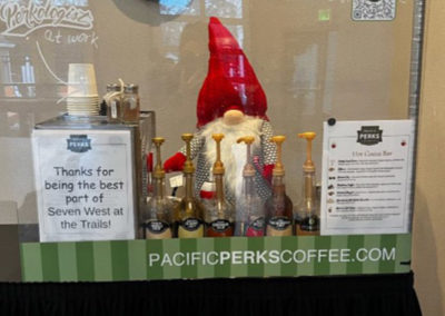 a gnome posed at a Pacific Perks espresso mobile café at a Seven West appreciation event