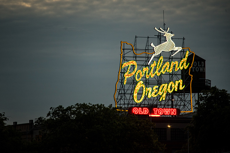 the Stag Sign in Portland, Oregon at night