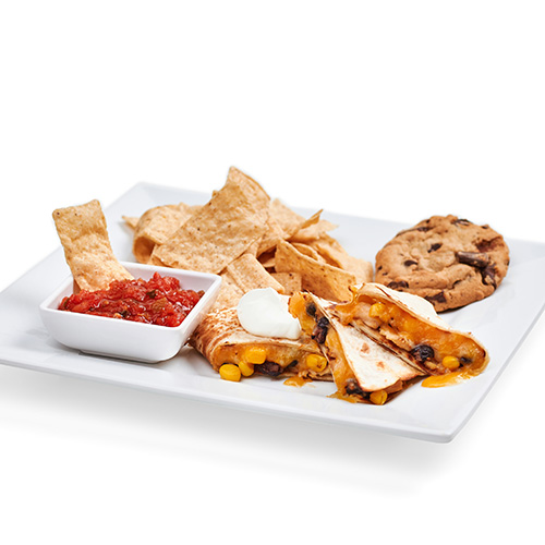 a plated quesadilla with chips and salsa and a cookie from Pacific Perks