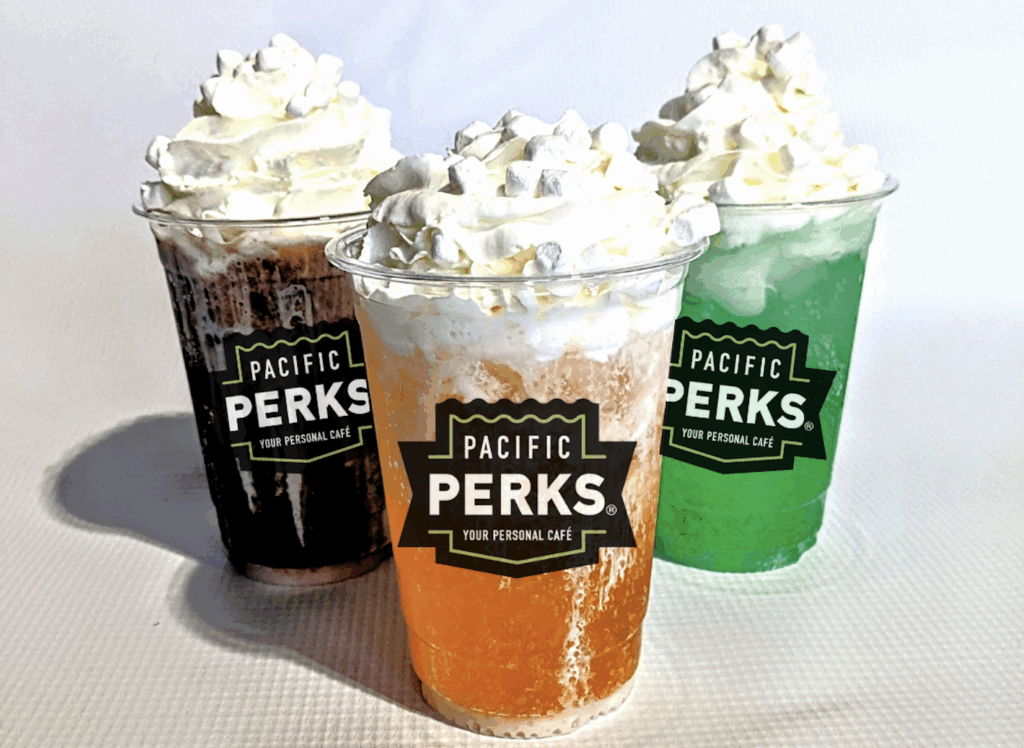 Three dirty sodas from a Pacific Perks Coffee mobile café with marshmallows and whipped cream
