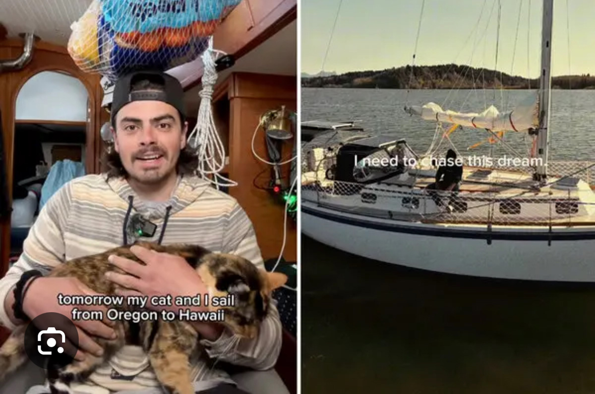 a man holding a cat with the caption "tomorrow my cat and I sail from Oregon to Hawaii" next to a photo of a sailboat with the caption "I need to chase this dream."