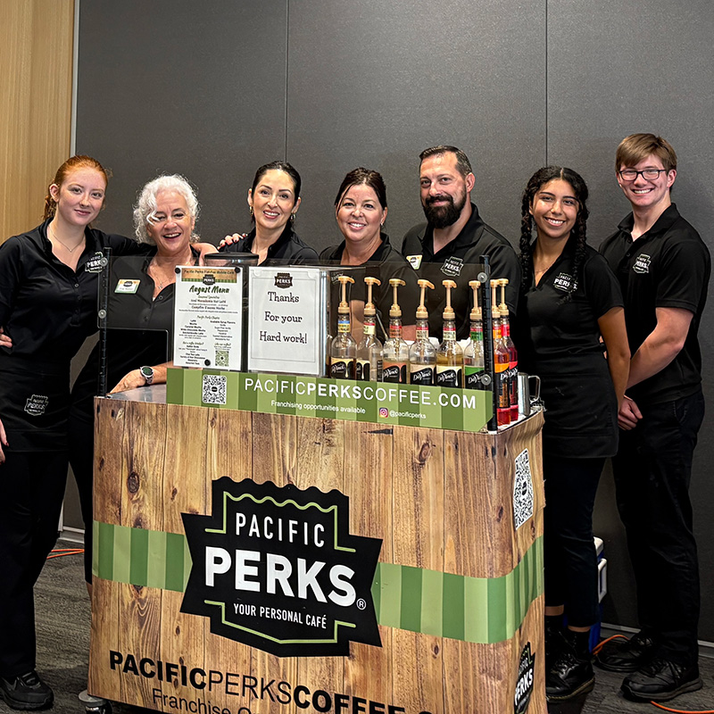 the Pacific Perks team hosting an espresso bar mobile café at an employee appreciation event