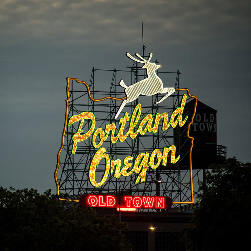the Stag Sign in Portland, Oregon at night